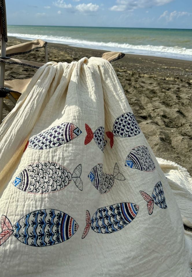 Balık Baskılı Pamuk Dokuma Peştemal/Pareo