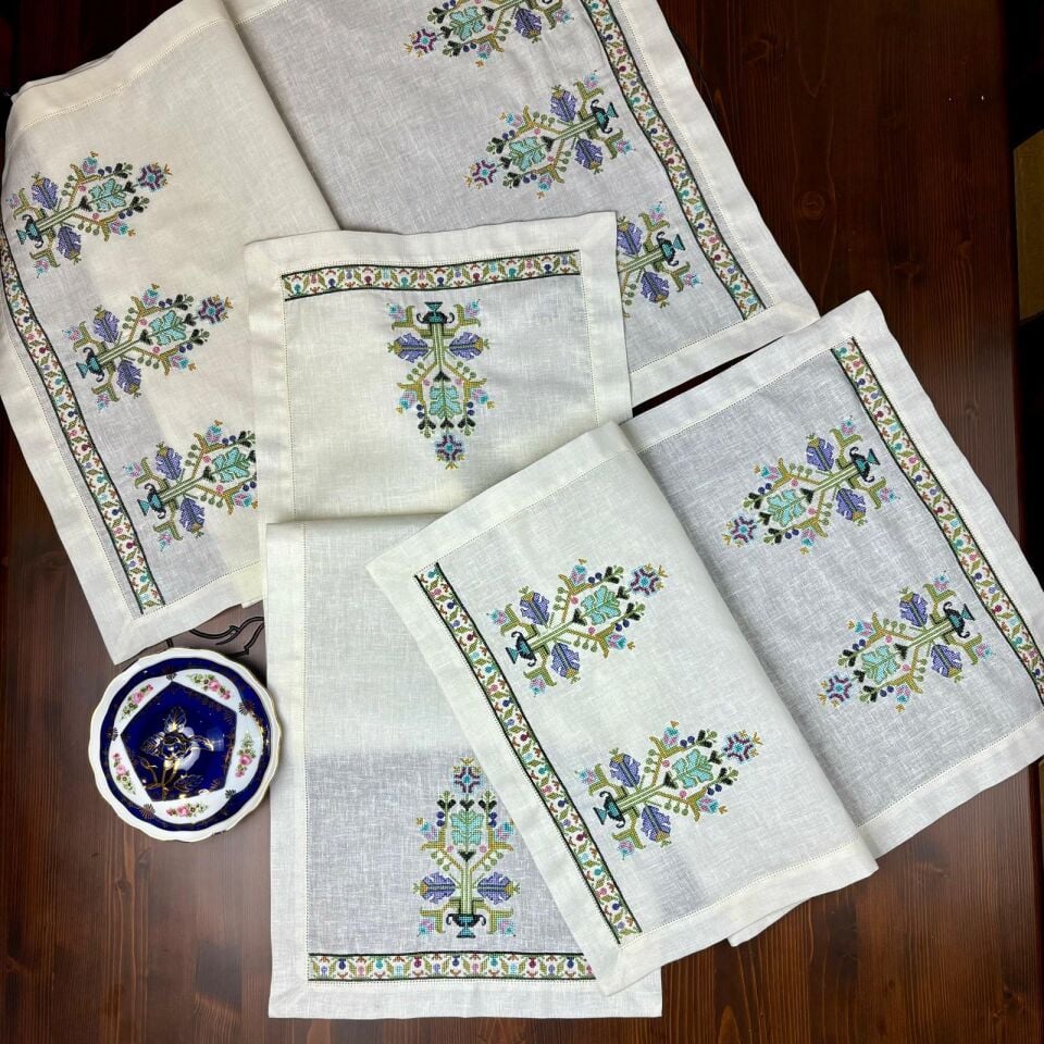 Hesap İşi İşlemeli Antikalı 3 Parça Keten Salon Takımı Turkuaz