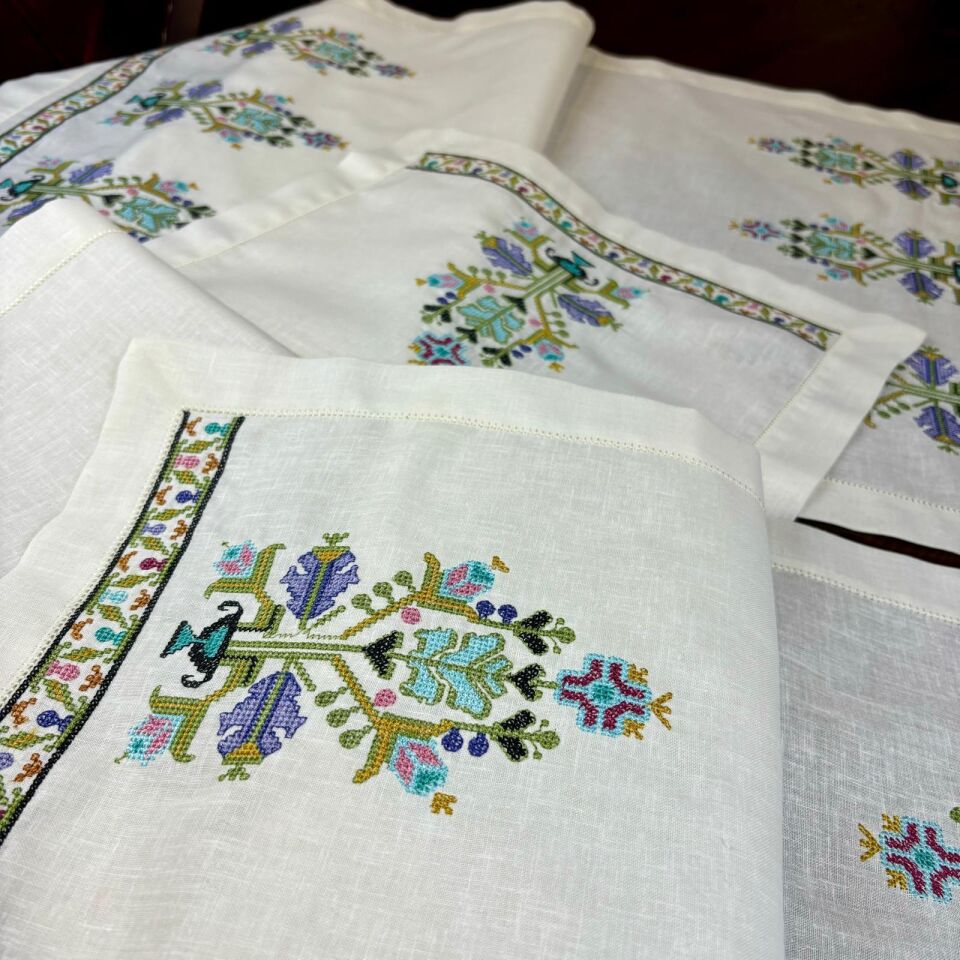 Hesap İşi İşlemeli Antikalı 3 Parça Keten Salon Takımı Turkuaz