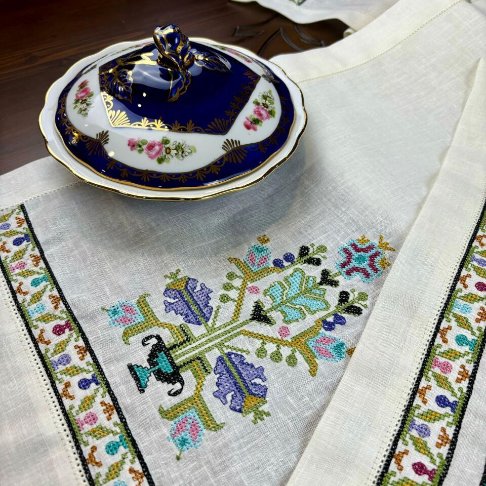 Hesap İşi İşlemeli Antikalı 3 Parça Keten Salon Takımı Turkuaz