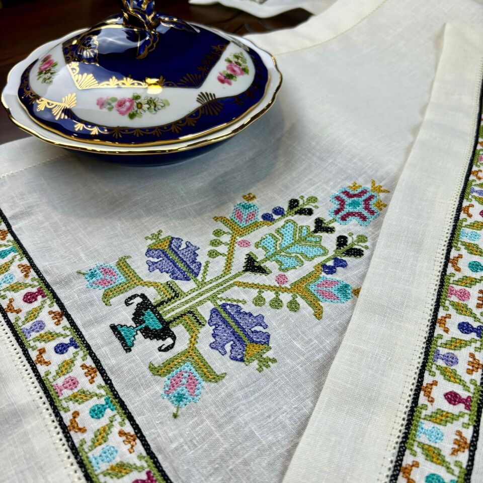 Hesap İşi İşlemeli Antikalı 3 Parça Keten Salon Takımı Turkuaz