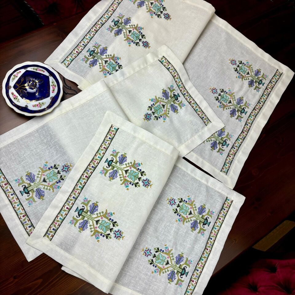 Hesap İşi İşlemeli Antikalı 3 Parça Keten Salon Takımı Turkuaz