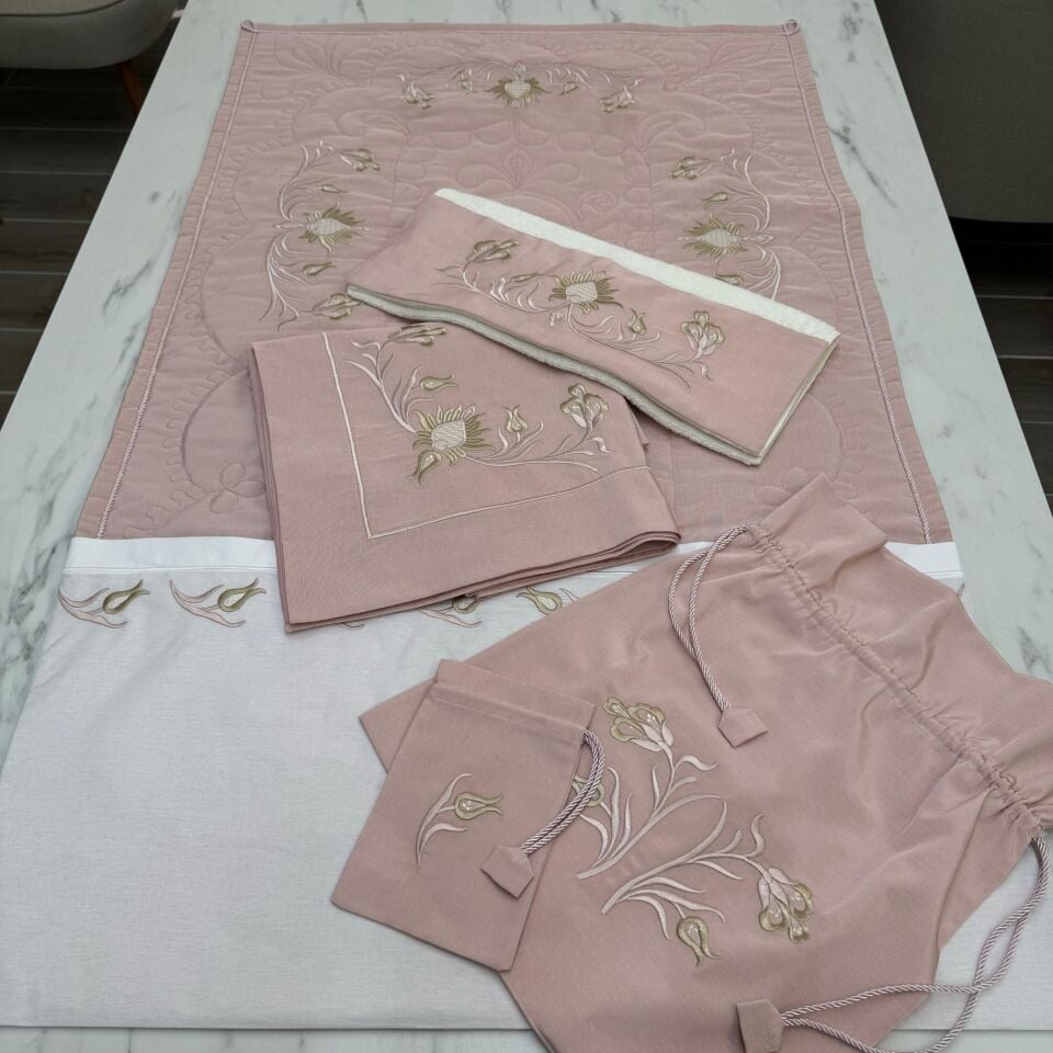 Hatayi Nakışlı 5 Parça Seccade/Bohça Takımı Pudra