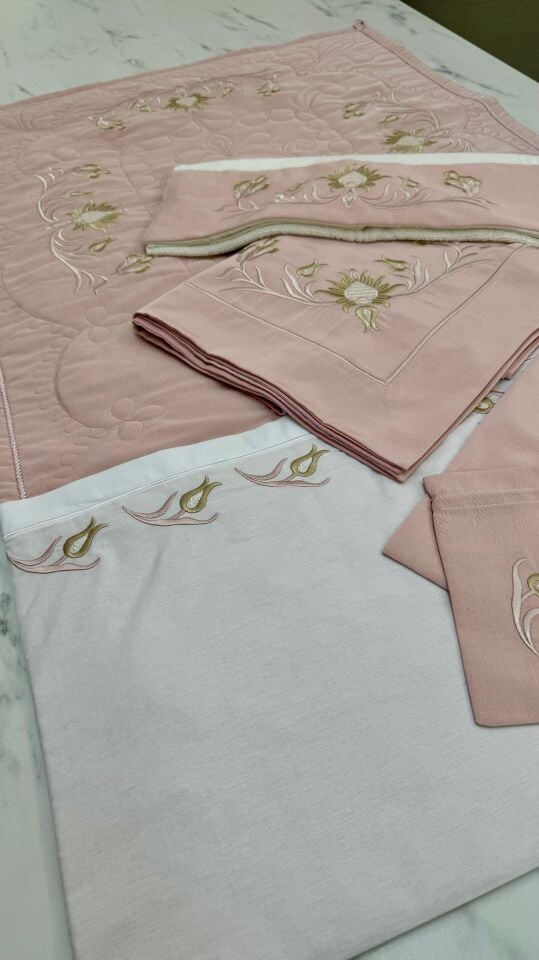 Hatayi Nakışlı 5 Parça Seccade/Bohça Takımı Pudra
