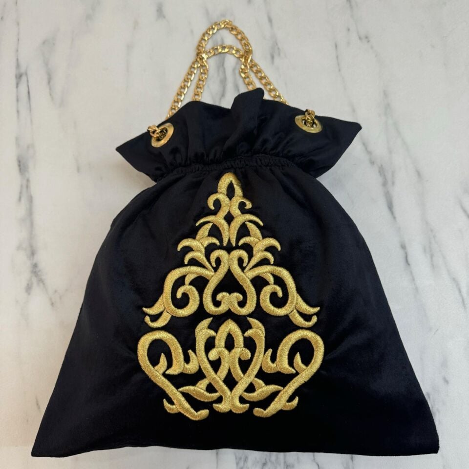 Lastikli Sim Sırma Kadife Çanta Siyah