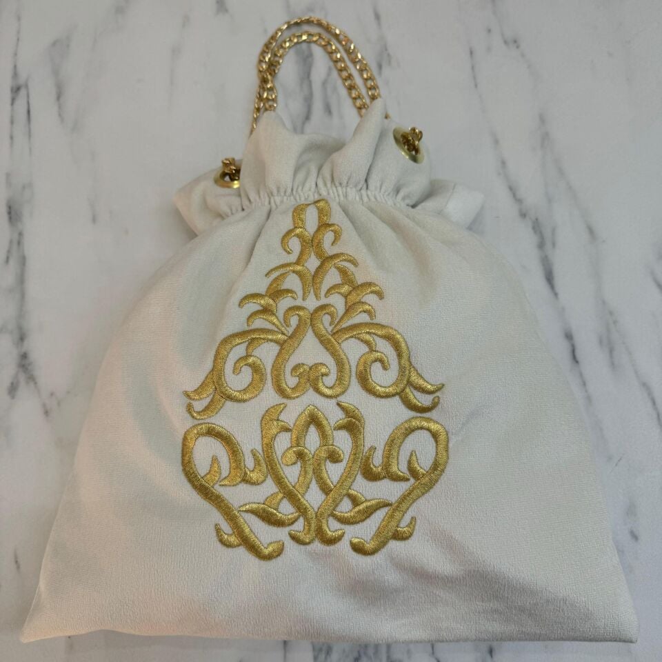 Lastikli Sim Sırma Kadife Çanta Krem