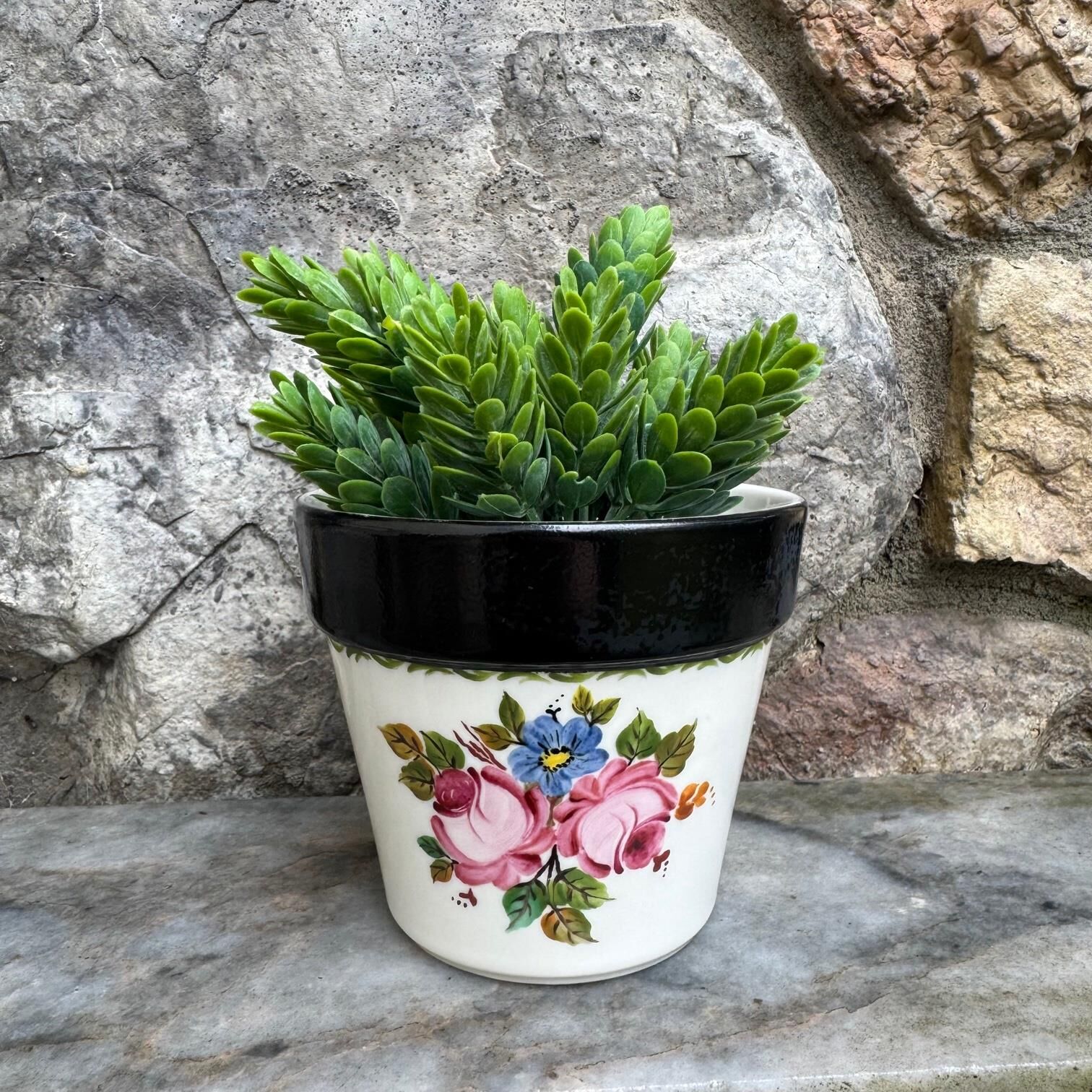 El Boyaması Porselen Saksı Siyah Büyük Boy