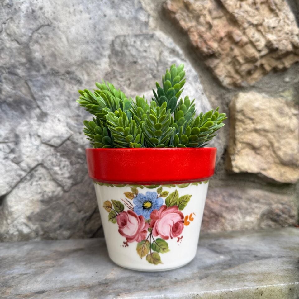 El Boyaması Porselen Saksı Kırmızı Büyük Boy