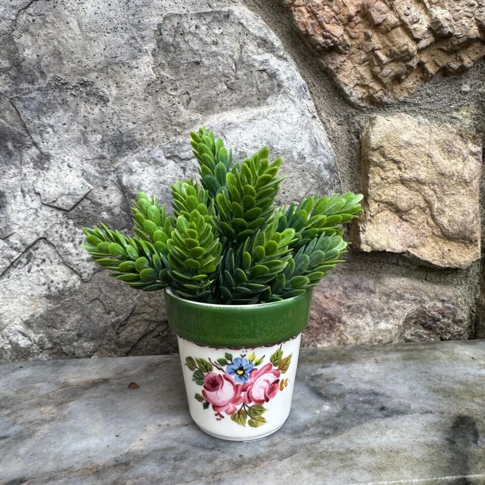 El Boyaması Porselen Saksı Yeşil Küçük Boy