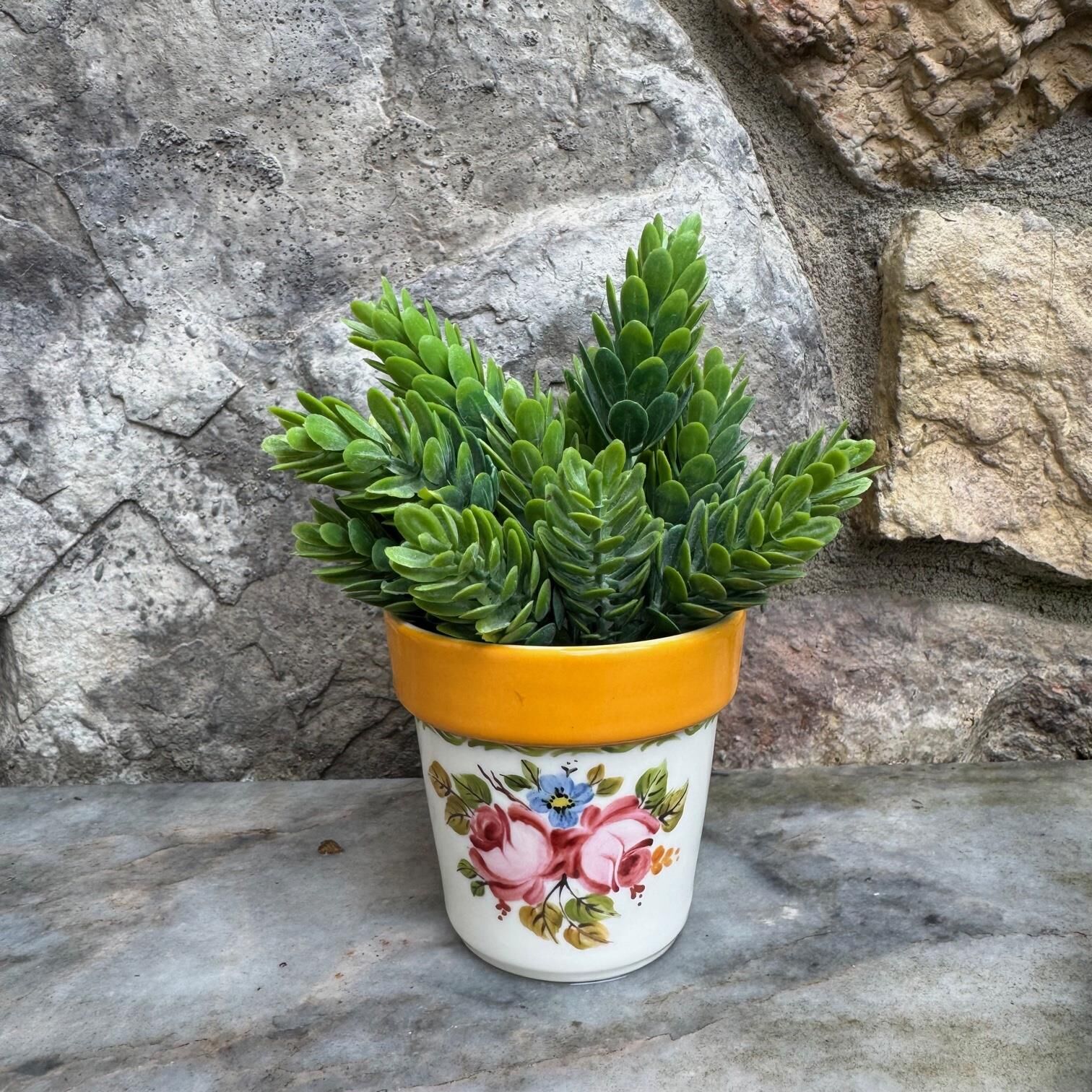 El Boyaması Porselen Saksı Sarı Küçük Boy