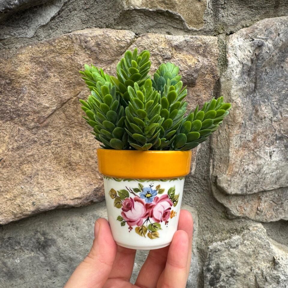 El Boyaması Porselen Saksı Sarı Küçük Boy