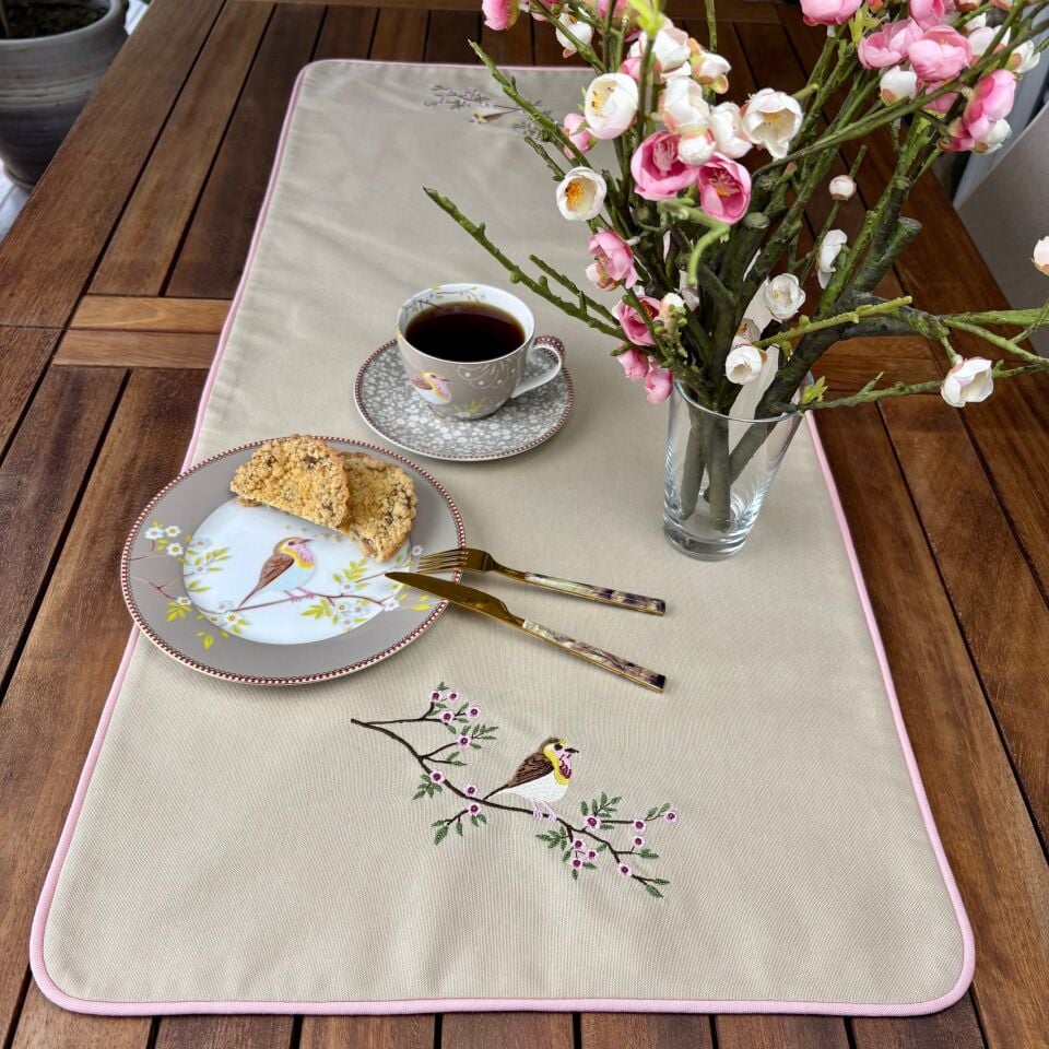 Kuş Nakışlı Astarlı/Biyeli Runner Bej