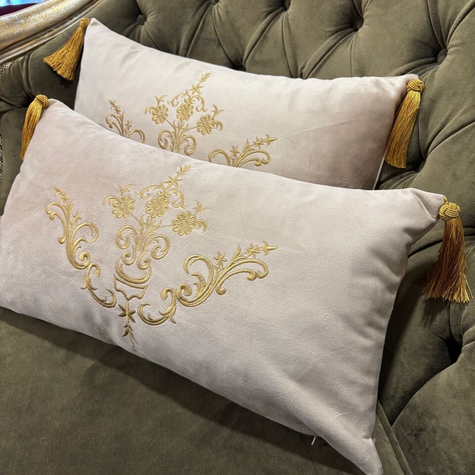 Sarma Nakışlı Krem Kadife 2'li Kırlent Kılıfı