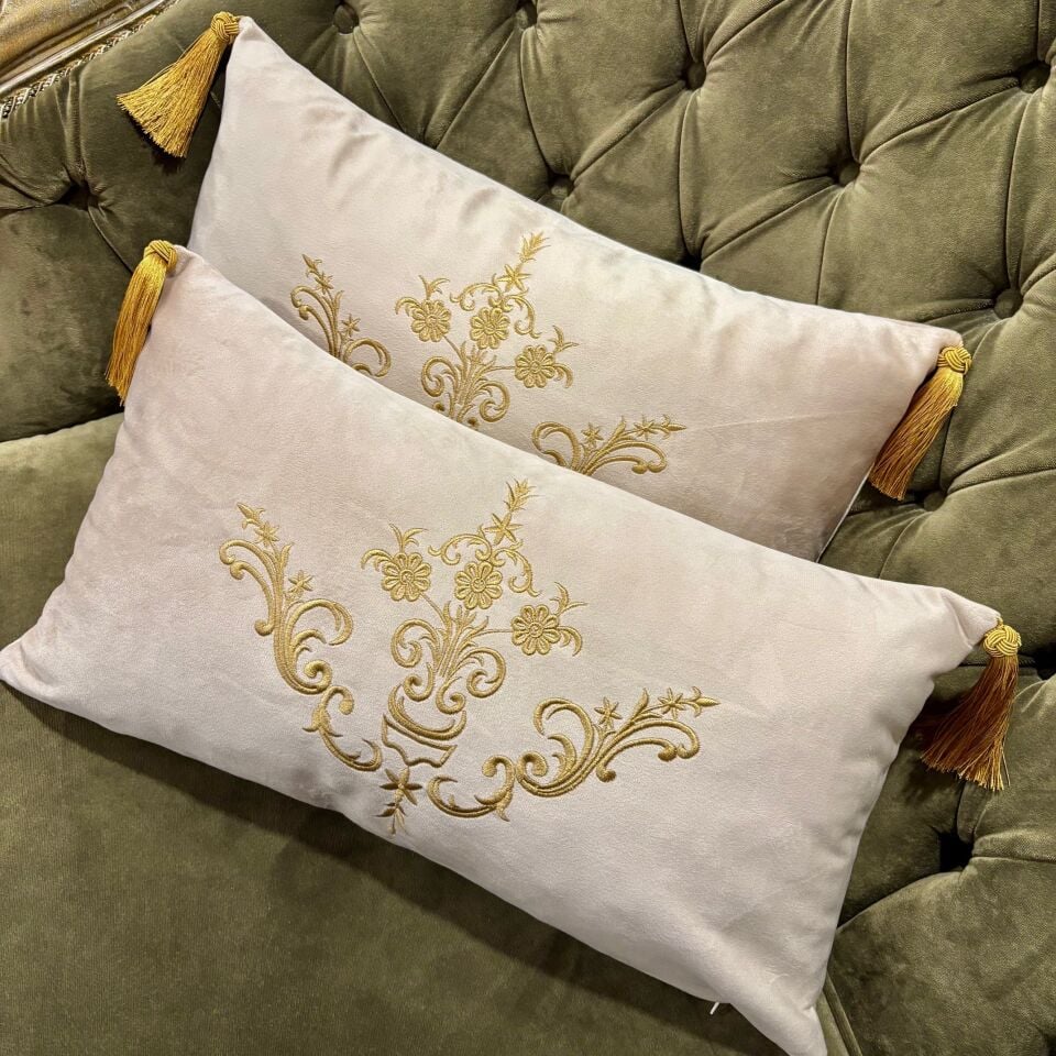 Sarma Nakışlı Krem Kadife 2'li Kırlent Kılıfı