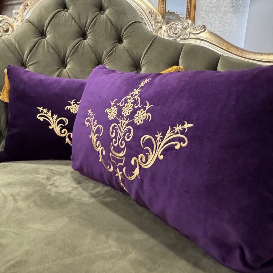 Sarma Nakışlı Mor Kadife 2'li Kırlent Kılıfı