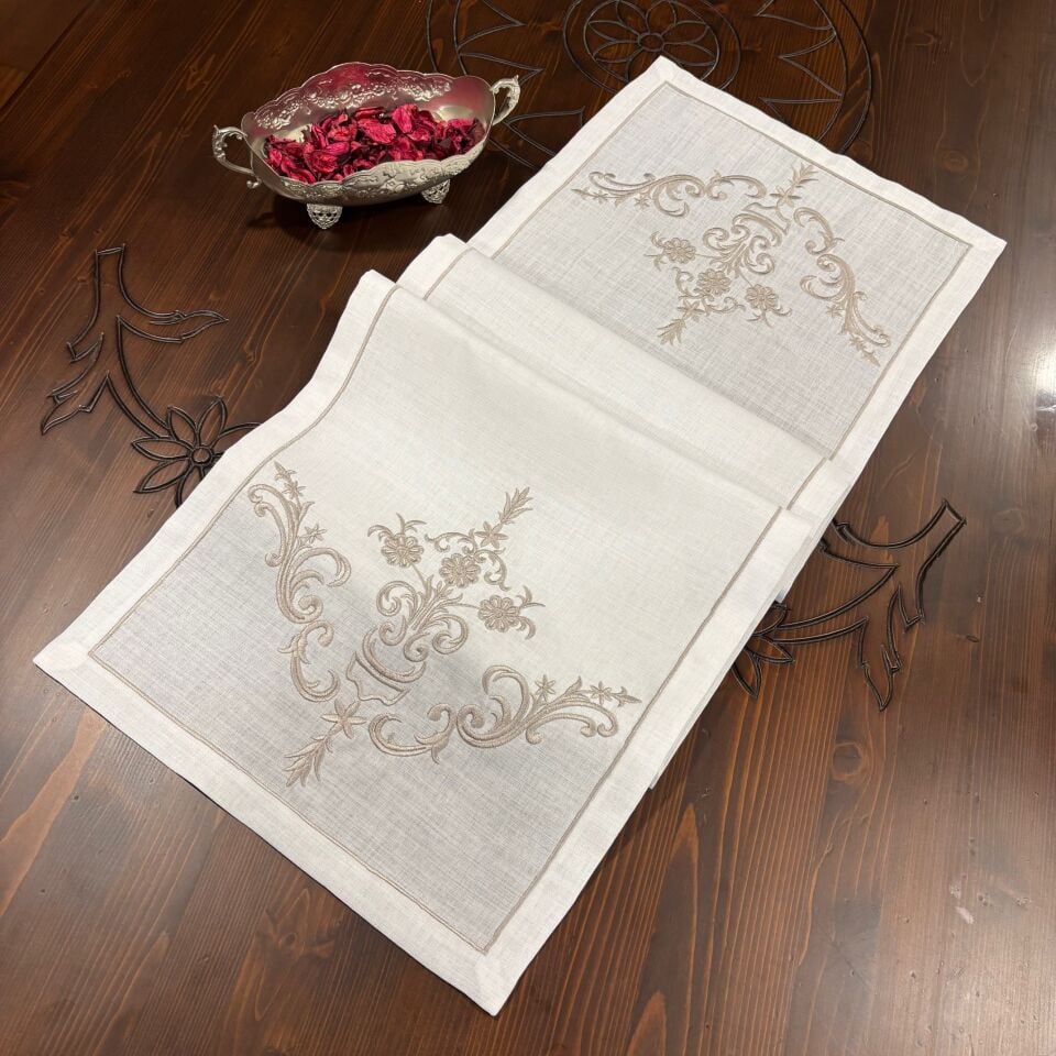 Gri Sarma Nakışlı İki Ucu İşlemeli Runner