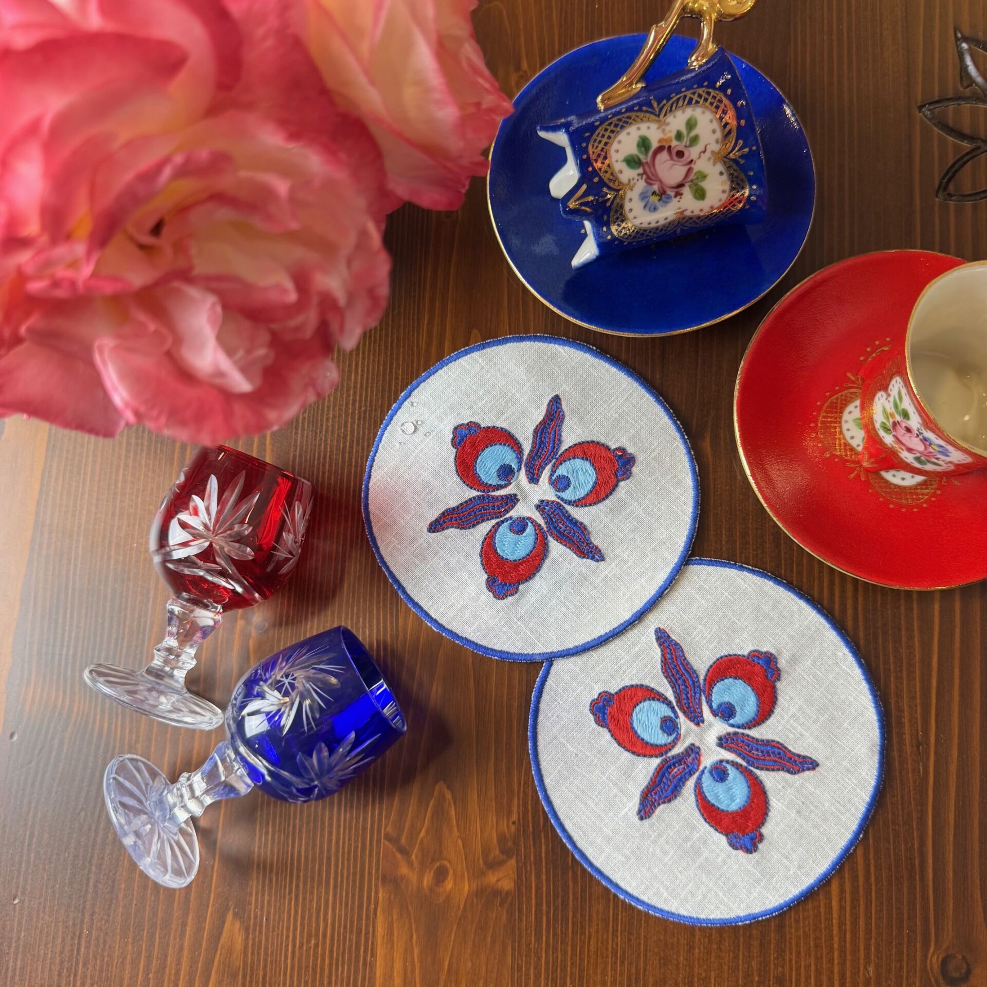 Çintemani İşlemeli Keten 2'li Bardak Altlığı