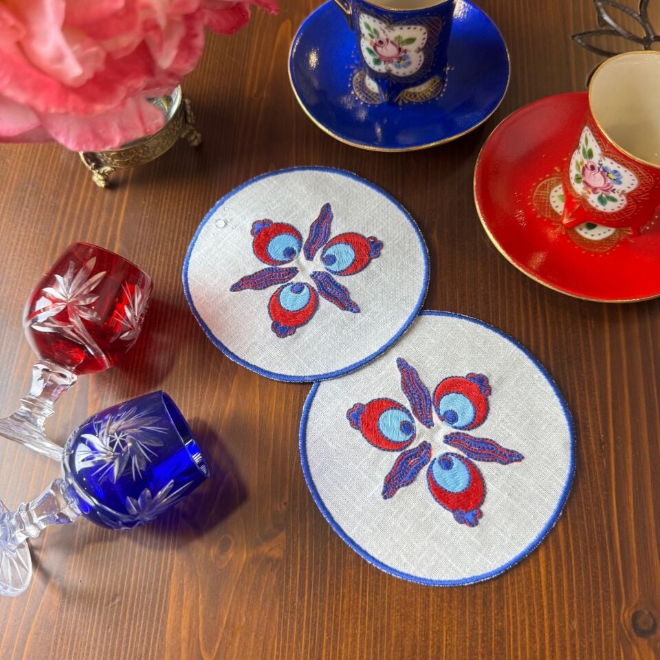 Çintemani İşlemeli Keten 2'li Bardak Altlığı