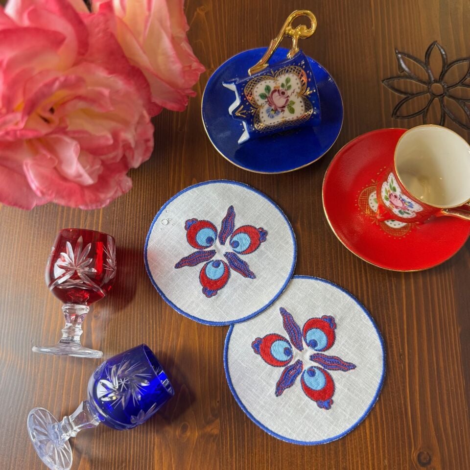 Çintemani İşlemeli Keten 2'li Bardak Altlığı