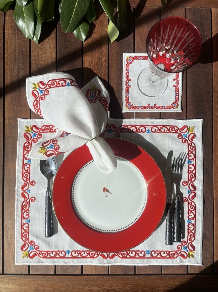 Lalin Nakışlı 3 Parça Servis&Peçete&Bardak Altlığı Seti