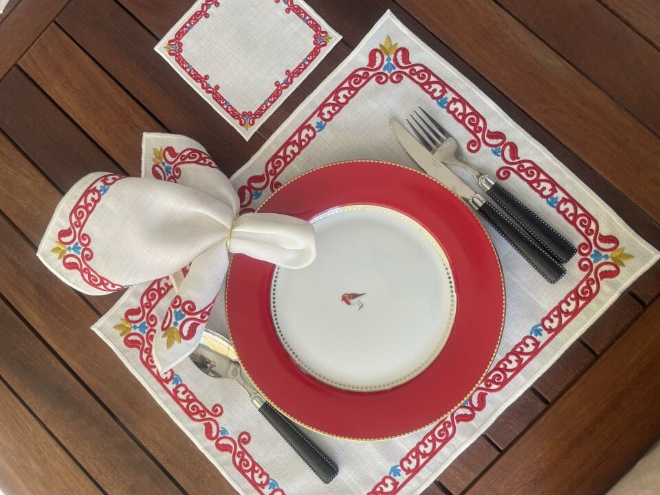 Lalin Nakışlı 3 Parça Amerikan Servis&Peçete&Bardak Altlığı Seti