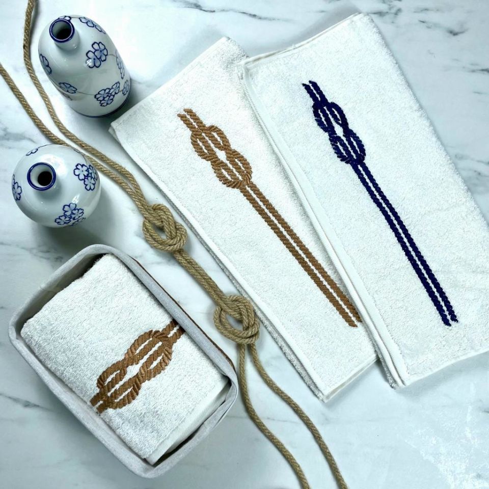 Halat Nakışlı Pamuk El Yüz Havlusu kahverengi