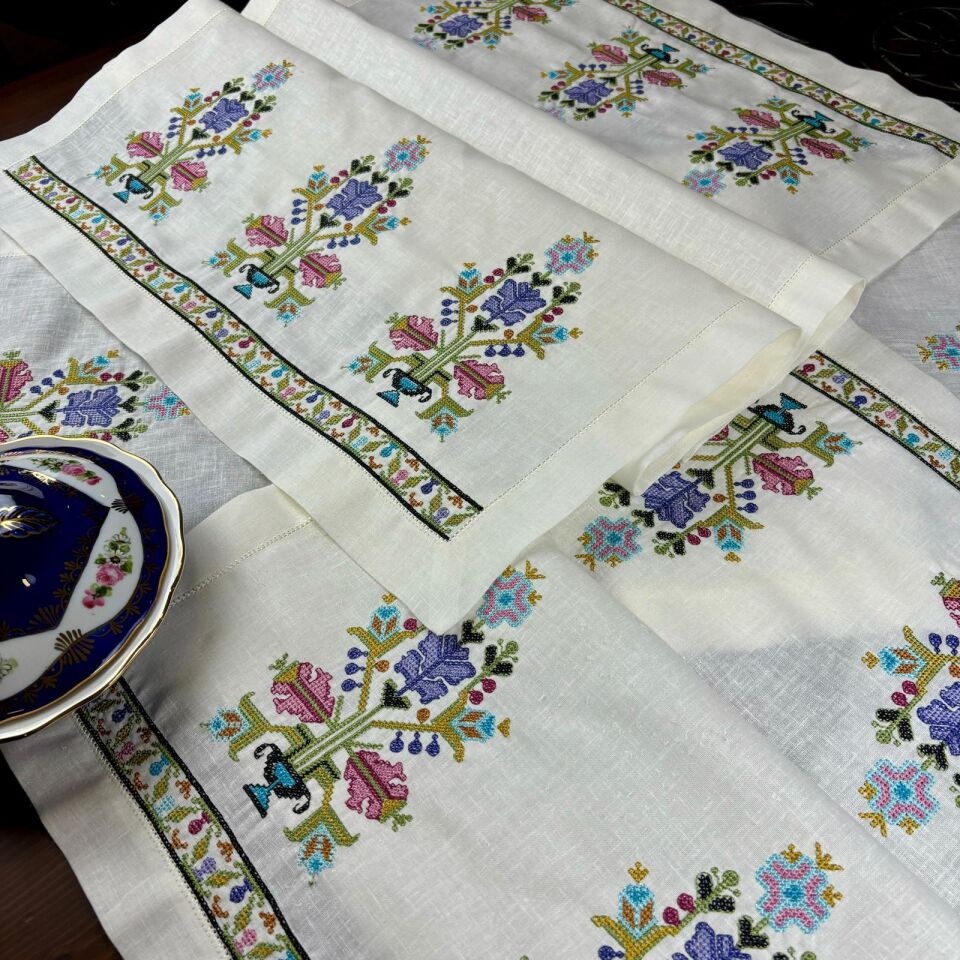 Hesap İşi İşlemeli Antikalı 3 Parça Keten Salon Takımı Lila