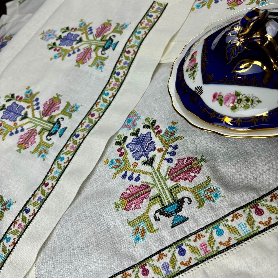 Hesap İşi İşlemeli Antikalı 3 Parça Keten Salon Takımı Lila