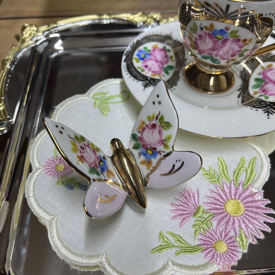 El Boyaması Porselen Kelebek Pembe