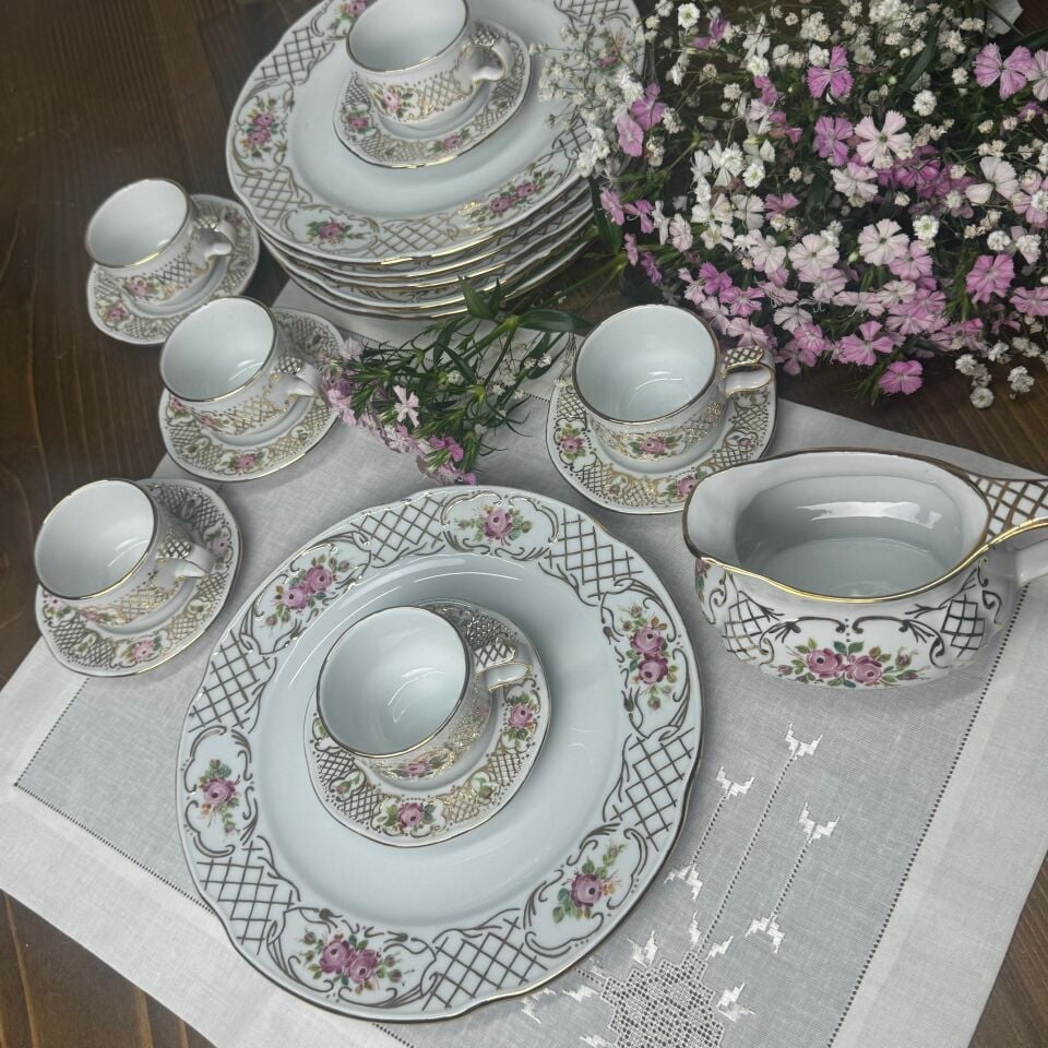 El Boyama Altın Fileli 6 Kişilik Çay/Kahve Takımı