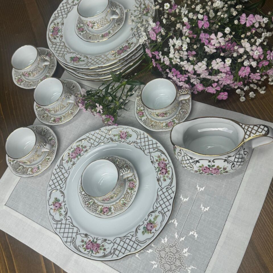 El Boyama Altın Fileli 6 Kişilik Çay/Kahve Takımı