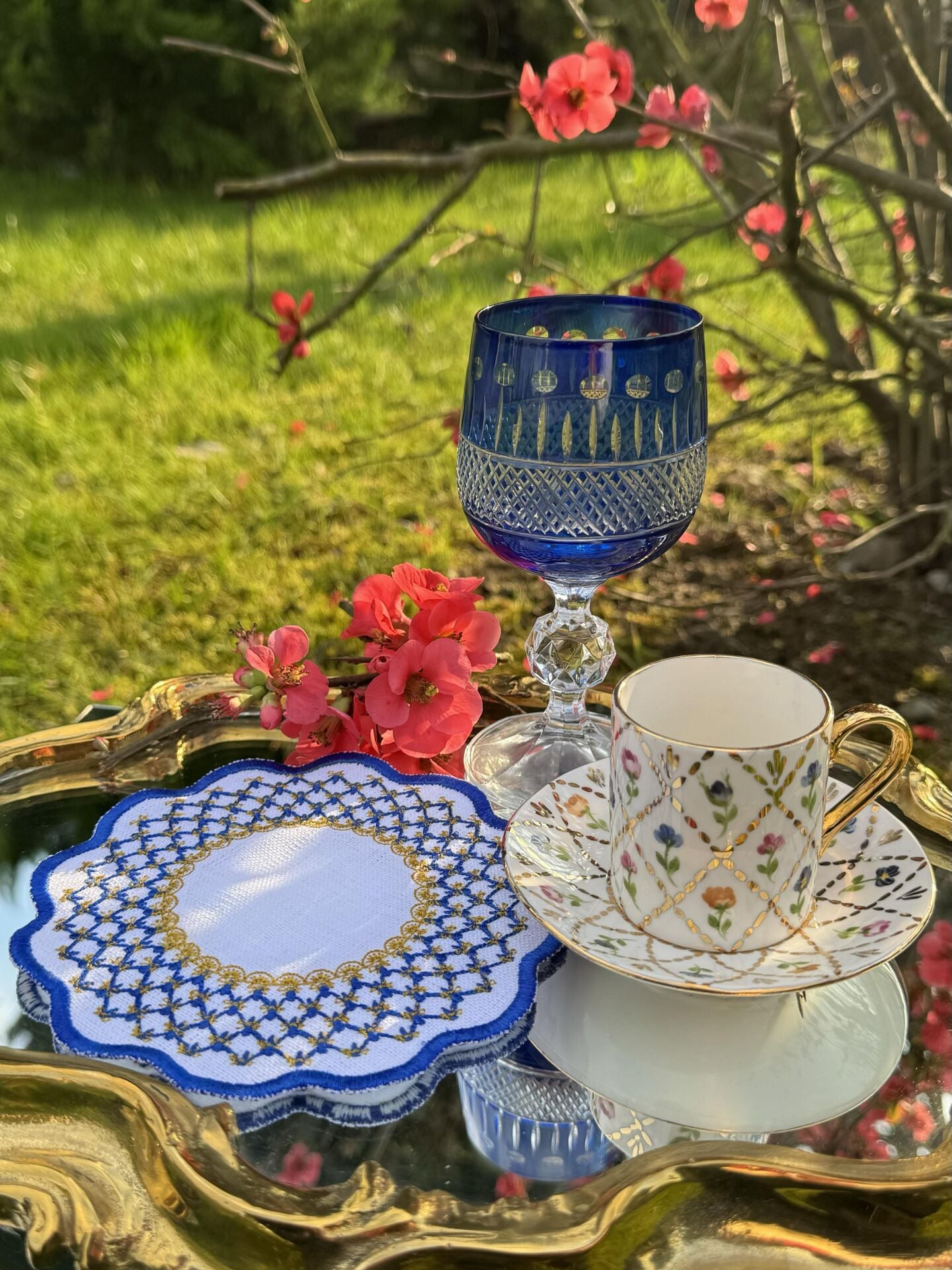 Kobalt Mavi/Gold Damla İşlemeli 4'lü Kokteyl Peçete