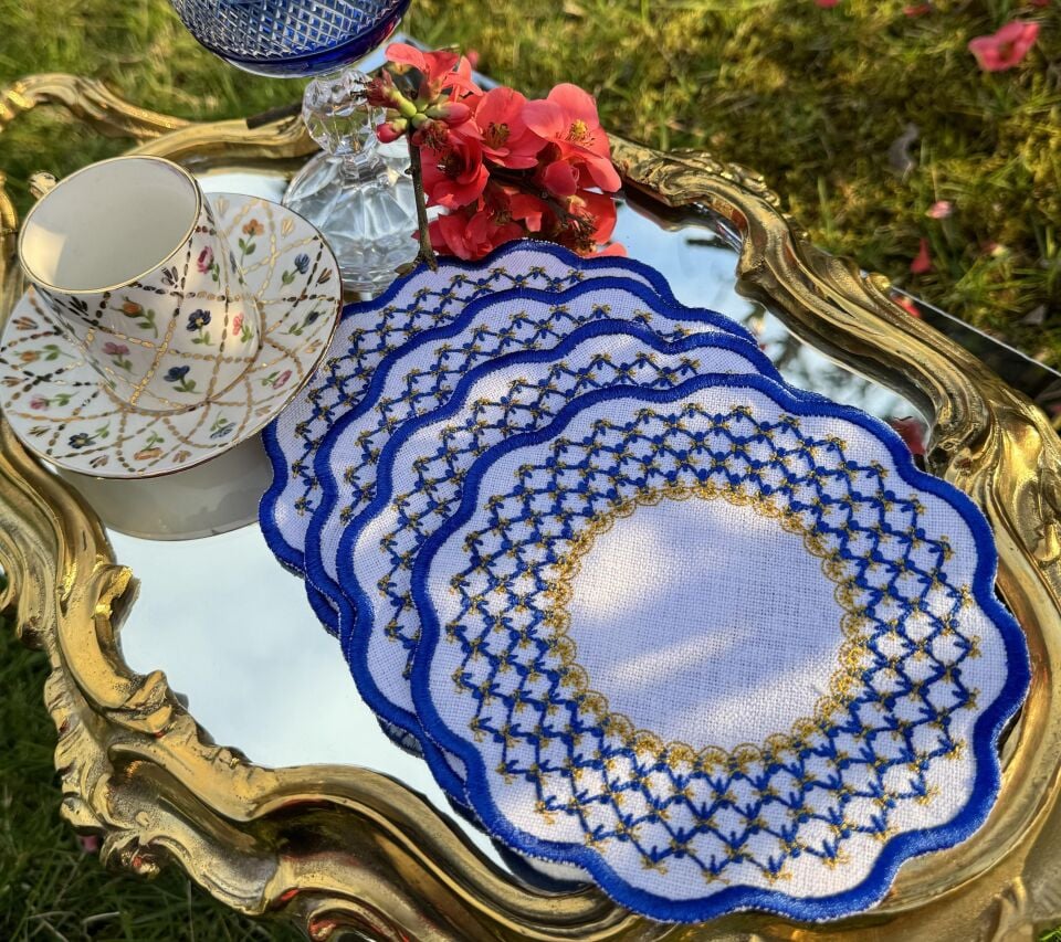 Kobalt Mavi/Gold Damla İşlemeli 4'lü Kokteyl Peçete