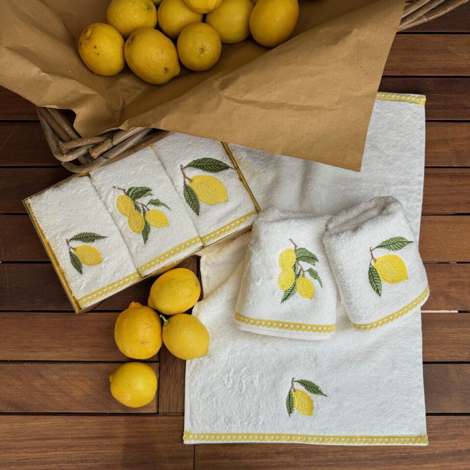 Lİmon İşlemeli Pamuk Dantelli Bambu 3'lü El Havlusu