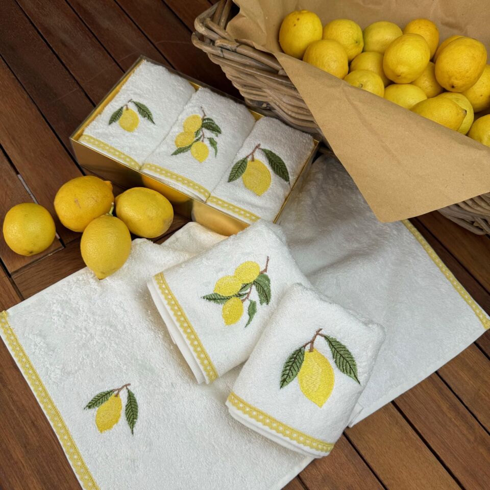 Lİmon İşlemeli Pamuk Dantelli Bambu 3'lü El Havlusu
