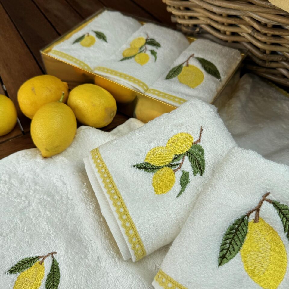 Lİmon İşlemeli Pamuk Dantelli Bambu 3'lü El Havlusu