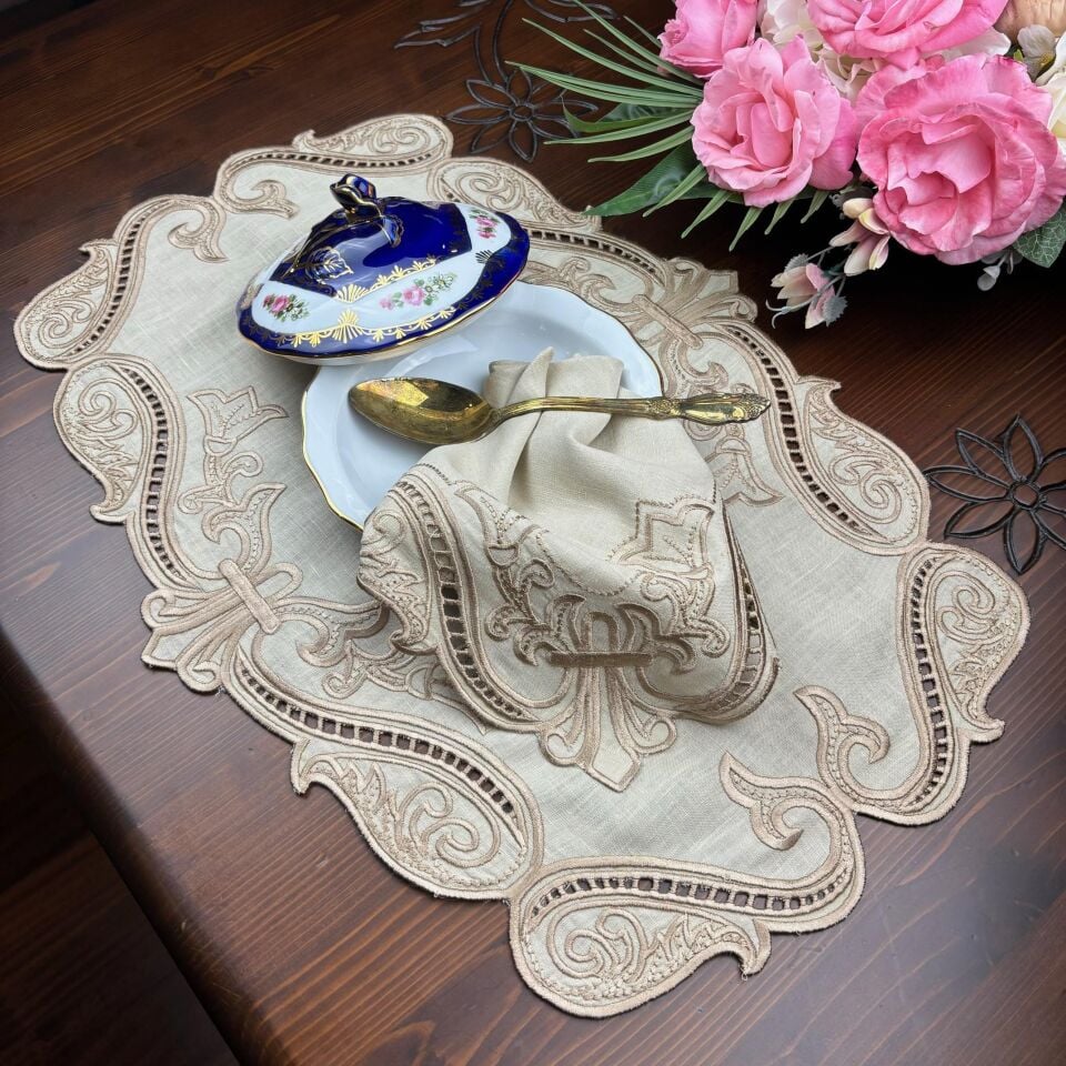 Royal Bej Keten Delik İşi Amerikan Servis-Peçete